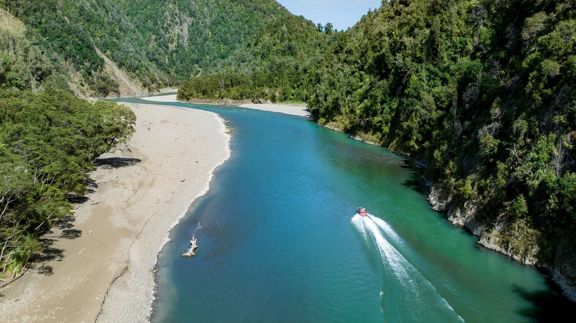 Motu River scene with Jet Boat on the river
